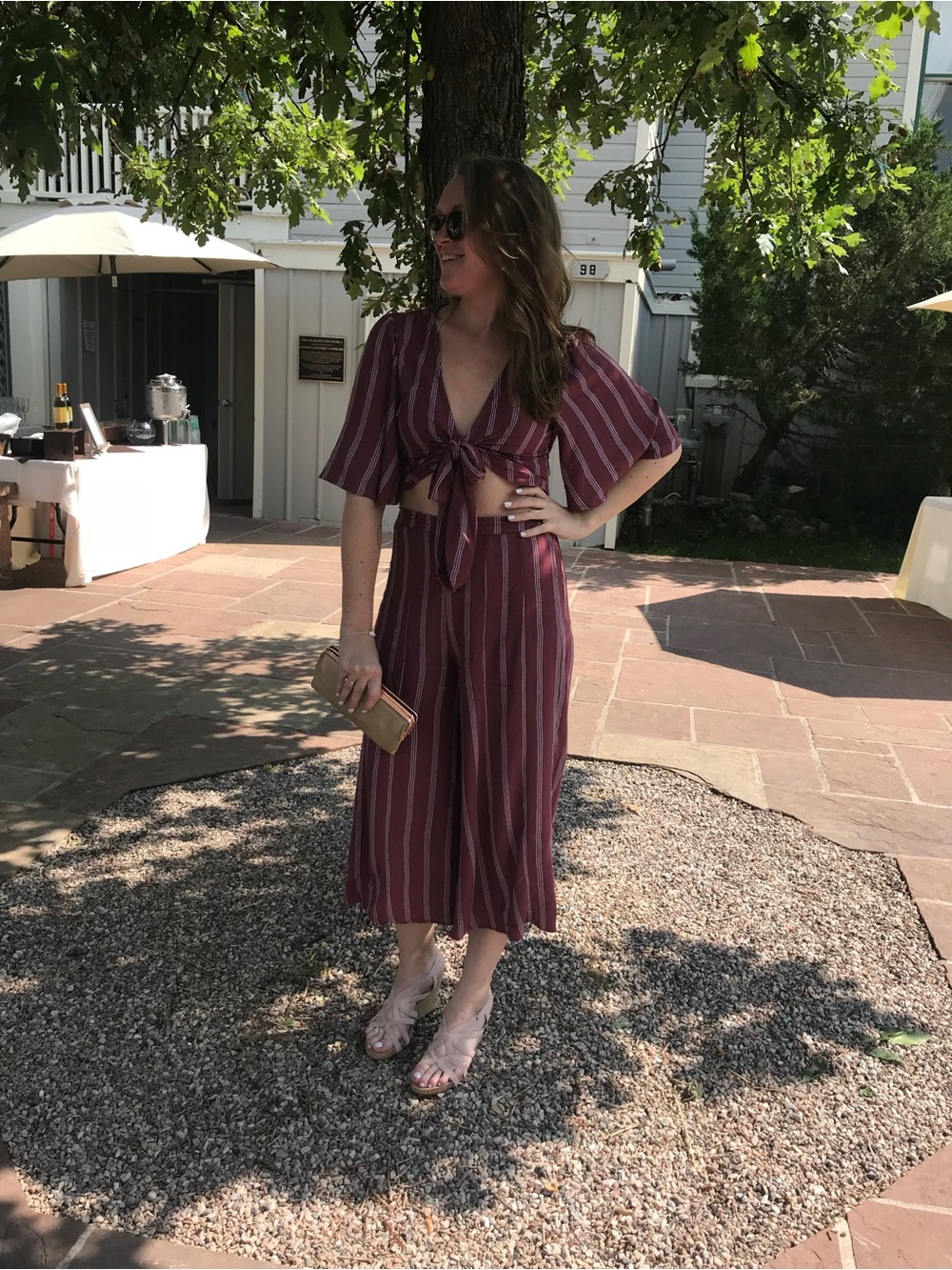 American Eagle Outfitters Burgundy Striped Wide-Leg Pants